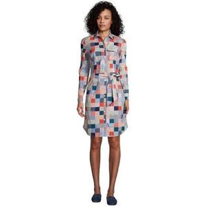Land’s End Plus Size Dress patchwork long sleeve button down belted pockets LP